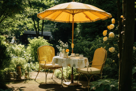 Cafe table with chair and parasol umbrella in the gardenの素材