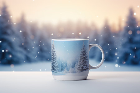 Decorated Christmas coffee mug with winter forest landscape and snow.の素材
