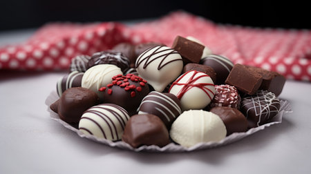 Dark, milk and white chocolate candies / pralines / truffles, assorted on wooden table. Dessert for Valentine's Day.の素材