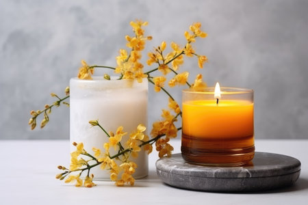 Burning scented candle in a glass jar.の素材
