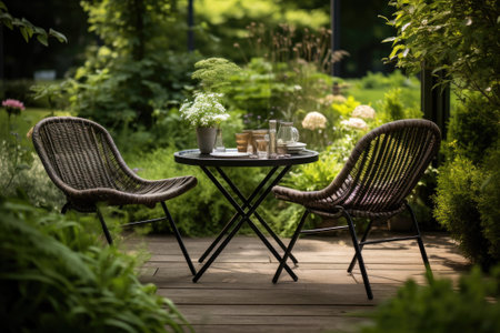 Wicker chairs and a metal table in an outdoor summer garden.の素材
