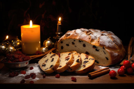 Christmas stollen cake with nuts, raisins and dried fruitの素材