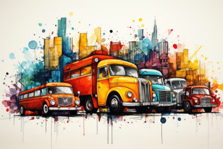 Old buses in the center of the city.の素材