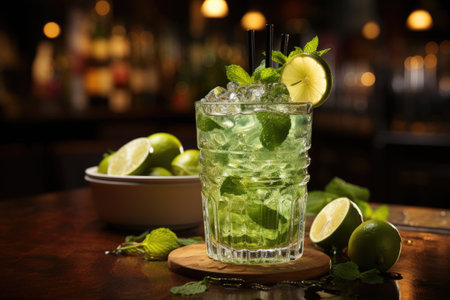 Glass of caipirinha cocktail on tableの素材