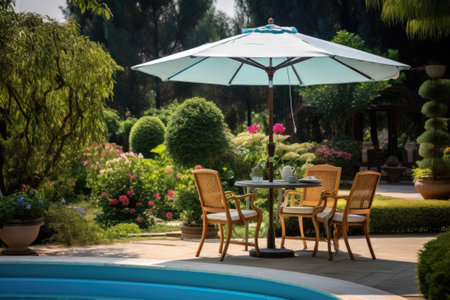 Cafe table with chair and parasol umbrella in the gardenの素材