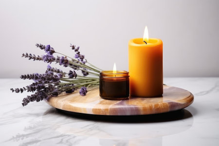 Burning scented candle in a glass jar.の素材