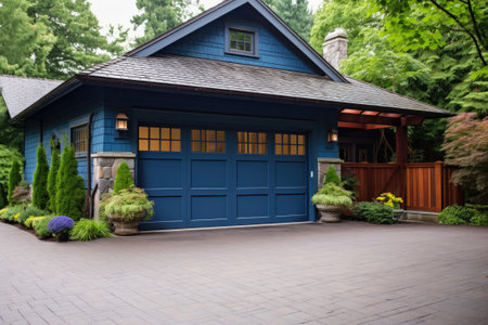 Blue garage door with a driveway in front.の素材