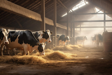 Cows grazing in a barnの素材