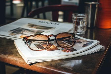 Magazines on table with eyeglasses.の素材