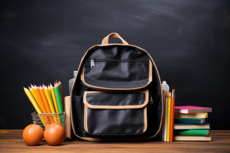 School bag and textbooks in front of a blackboard on a school desk. Back to school concept.の素材