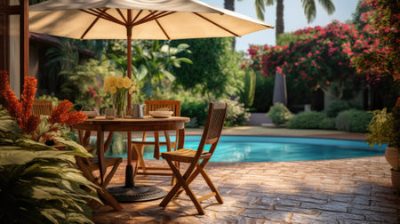 Cafe table with chair and parasol umbrella in the gardenの素材