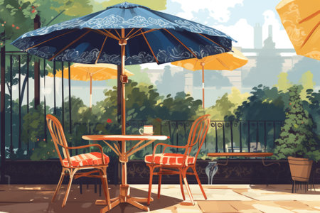 Cafe table with chair and parasol umbrella in the gardenの素材
