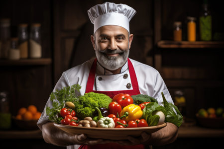 Chef holding a tray full of vegetables inside a kitchen.の素材