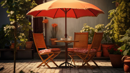 Cafe table with chair and parasol umbrella in the gardenの素材