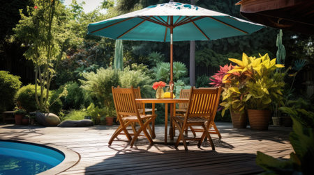 Cafe table with chair and parasol umbrella in the gardenの素材