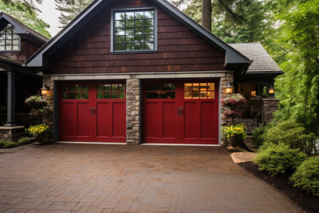 Red garage door with a driveway in front.の素材