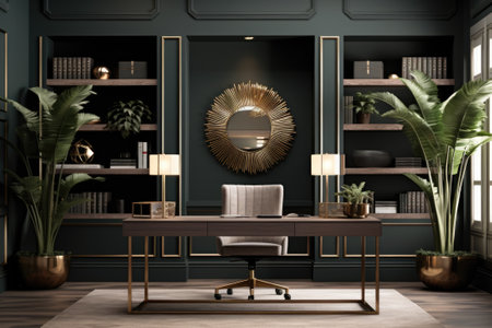 Concept home office with the desk in the center of the roomの素材