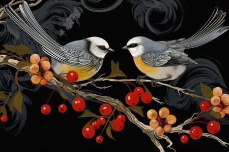 Watercolor illustration of two birds perched on a branchの素材