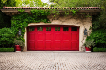 Red garage door with a driveway in front.の素材