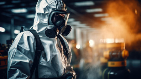 Chemical specialist wear safety uniform and gas mask inspecting chemical leak in industrial factoryの素材