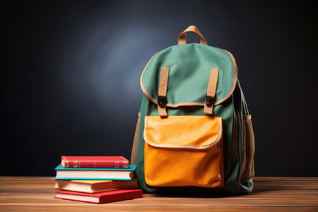 School bag and textbooks in front of a blackboard on a school desk. Back to school concept.の素材