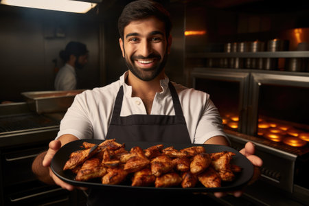 Chef holding a tray full of grilled chicken inside a kitchenの素材