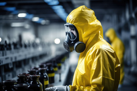 Chemical specialist wear safety uniform and gas mask inspecting chemical leak in industrial factoryの素材