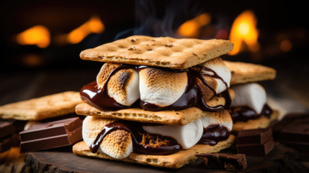 Homemade marshmallow s'mores with chocolate on crackers.の素材