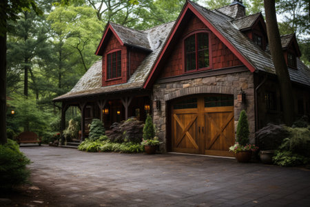 Garage door with a driveway in front.の素材