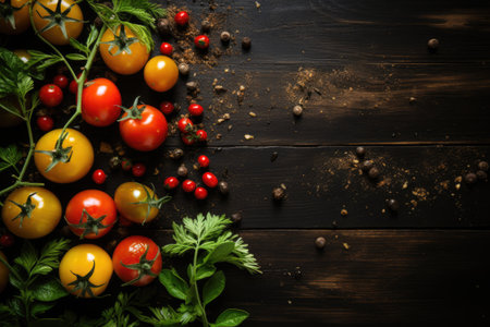 Food background. Top view of olive oil, tomatoes, herbs and spices on rustic black slate.の素材