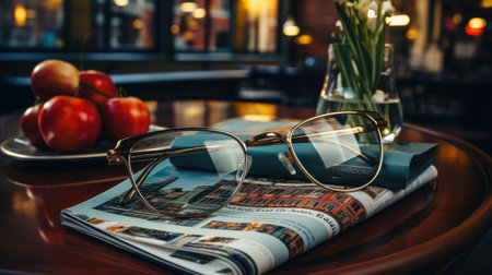 Magazines on table with eyeglasses.の素材