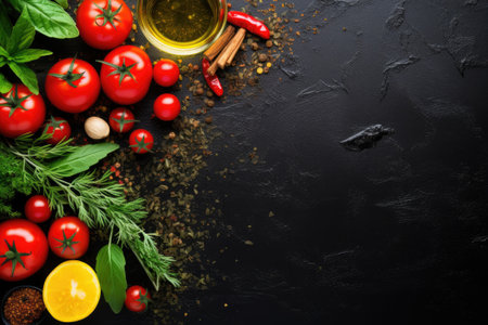 Food background. Top view of olive oil, tomatoes, herbs and spices on rustic black slate.の素材
