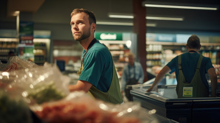 Young salesman working at grocery.の素材