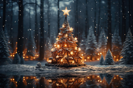 Christmas tree in snow covered woods at nightの素材