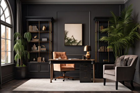 Concept home office with the desk in the center of the roomの素材