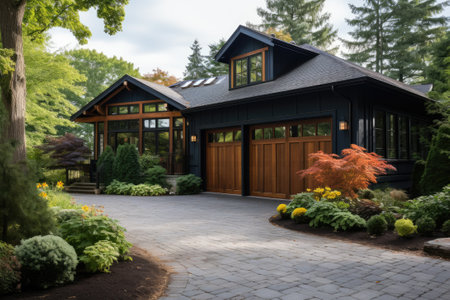 Garage door with a driveway in front.の素材