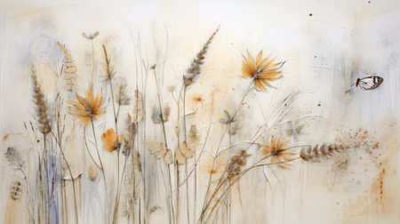Set of boho plants. Beautiful pastel wild grass and flowers.の素材