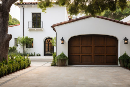 Garage door with a driveway in front.の素材