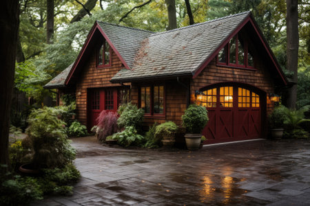 Garage door with a driveway in front.の素材