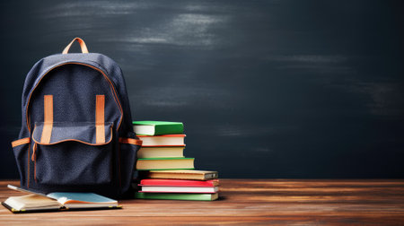 School bag and textbooks in front of a blackboard on a school desk. Back to school concept.の素材