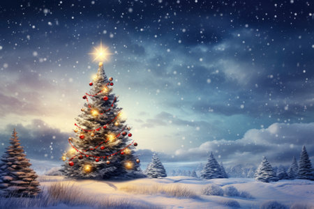 Christmas tree in snow covered woods at nightの素材