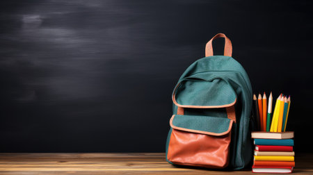 School bag and textbooks in front of a blackboard on a school desk. Back to school concept.の素材