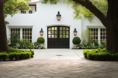 Garage door with a driveway in front.の素材