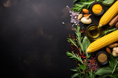 Food background. Top view of olive oil, corn, herbs and spices on rustic black slate.の素材