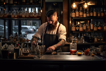 Bartender working at counter on bar space.の素材
