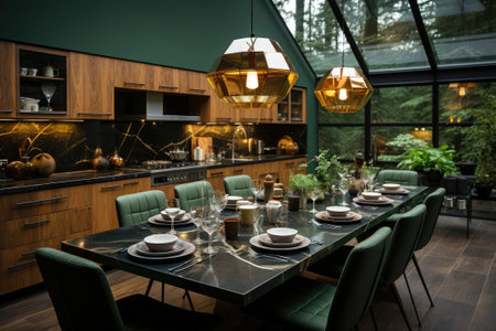 Kitchen and dining area in a large houseの素材