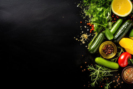 Food background. Top view of olive oil, cucumber, herbs and spices on rustic black slateの素材