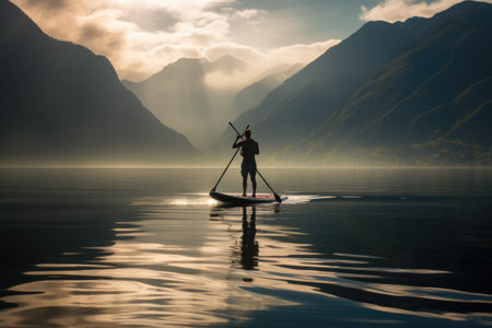 A man engages in stand-up paddleboarding on a serene lakeの素材