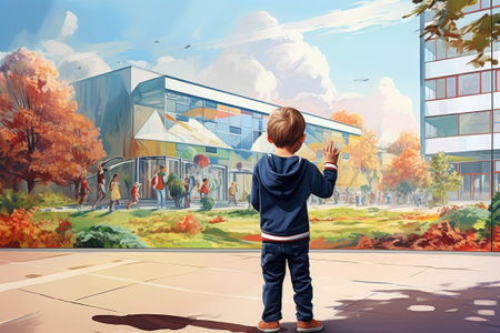 Schoolboy stands in front of the school, illustrationの素材