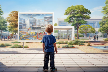 Schoolboy stands in front of the school, illustrationの素材